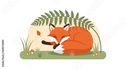 Charming fox illustration sleeping peacefully under a fern with autumn vibes