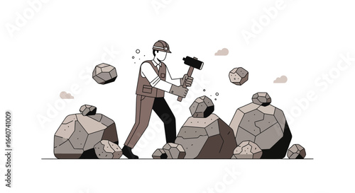 Craftsman Breaking Rocks With Hammer In Quarry Graphic Illustration Vector