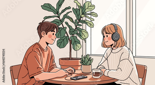 Charming illustration featuring a couple connecting over coffee in a cozy and plant filled cafe setting providing a calming and intimate atmosphere