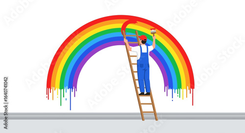 Crafting Hope Colorful Rainbow Creation by Painter on Ladder Illustration