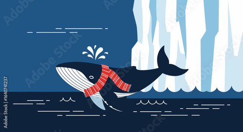 Charming Illustration of a Whale Wearing a Scarf in a Cold Arctic Landscape Featuring Iceberg