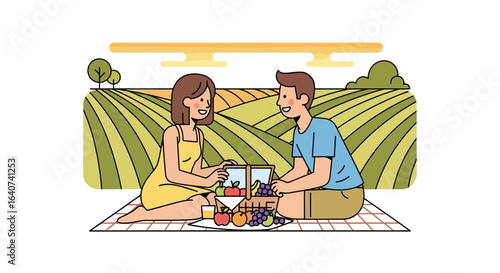 Couple Enjoying a Peaceful Picnic Amidst Lush Fields On A Sunny Day