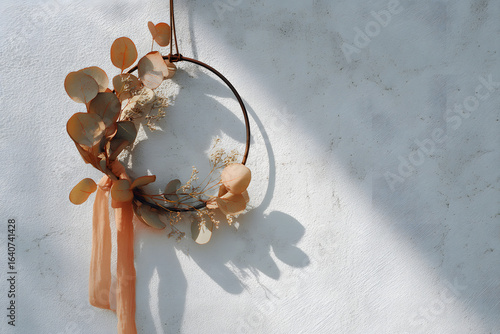 Circular Floral Arrangement with Dried Leaves and Ribbon on Wall