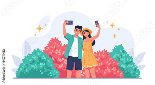 Couple enjoying vacation and capturing memories with smartphones in beautiful nature