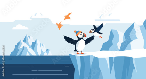 Charming Puffins Welcoming Another Bird On Icy Cliffs Surrounded By Water
