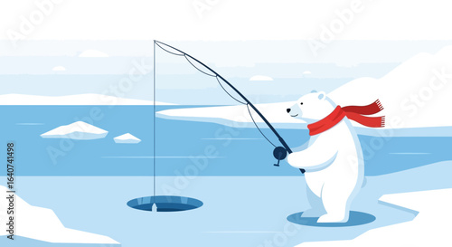 Charming polar bear ice fishing illustration capturing arctic winter scene beautifully suitable for seasonal designs and cheerful projects