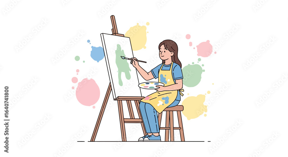 Fototapeta premium Creative girl painting on canvas with colorful splashes of paint surrounding the scene