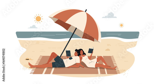 Couple relaxing on the beach with books under an umbrella enjoying a sunny day vacation