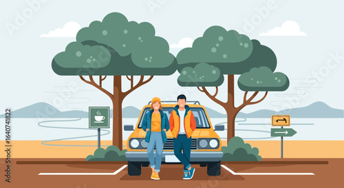 Couple Resting Near Classic Yellow Car During Road Trip Under Green Trees