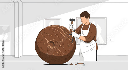 Creative illustration of a sculptor working on a chocolate planet sculpture in a minimalist art gallery