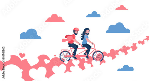 Couple Riding Tandem Bicycle Amidst Heart Shaped Clouds and Blue Sky Illustration