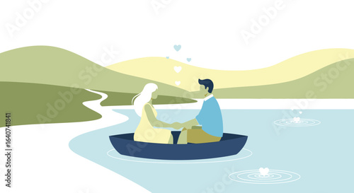 Couple Romantic Adventure on Water Landscape Serene Boat Ride Honeymoon Getaway
