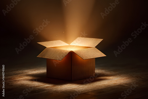 Mysterious Open Box with Glowing Light in Dark Surroundings