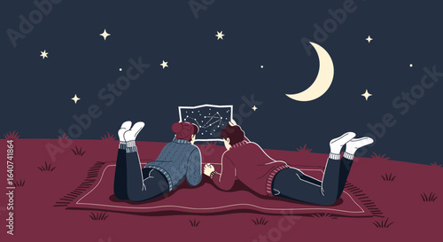 Couple stargazing at night with a constellation map and a beautiful moonlit sky
