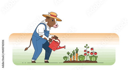 Cow Farmer Caring for Vegetables in Garden Illustration For Stock Usage