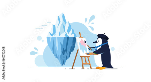 Creative penguin artist painting an iceberg landscape with artistic flair and passion against a white backdrop