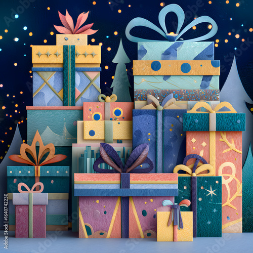 Colorful Holiday Gifts Arrangement with Decorative Elements