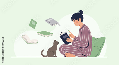 Cozy Evening Scene Young Woman Reading Book With Her Cat Companion