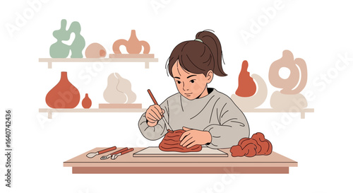 Creative Young Girl Sculpting With Clay At A Table In Her Home Studio