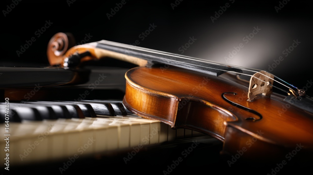 Fototapeta premium Elegant arrangement of classical instruments, violin and piano keys glowing with timeless musical charm.