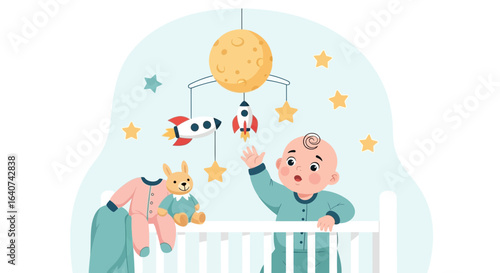 Cute Baby Reaching for Mobile Toy Moon Rockets in Crib Flat Illustration