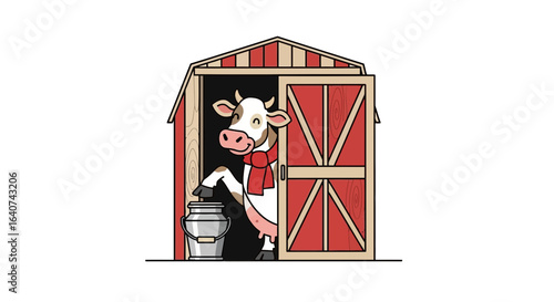 Cute Cartoon Cow in a Red Barn with Milk Can Illustration for Childrens Book