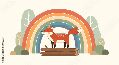 Wallpaper Mural Cute cartoon fox with a party hat standing on a log against a rainbow background Torontodigital.ca