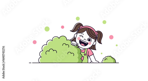 Cute cartoon girl playfully peeking behind a green bush with polka dot accents smiling widely