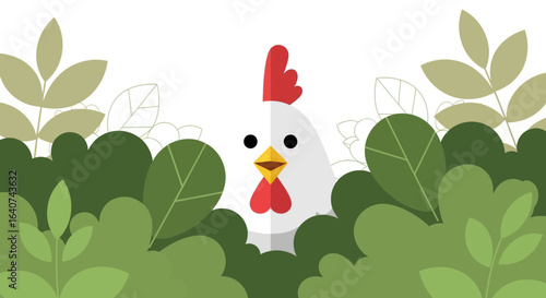 Cute chicken cartoon character hiding in the green bushes and foliage background vector illustration design in minimal style