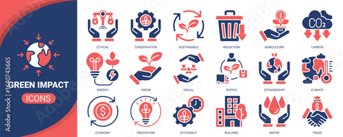 Green impact icon set. Containing icon of sustainable, conservation, green, energy, climate and more. Solid vector icons collection.