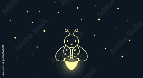 Cute firefly cartoon character with star vest illuminating the night sky backdrop