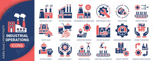 Industrial operations icon set. Containing icon of factory building, industrial automation, production line, safety gear, quality control and more. Solid vector icons collection.
