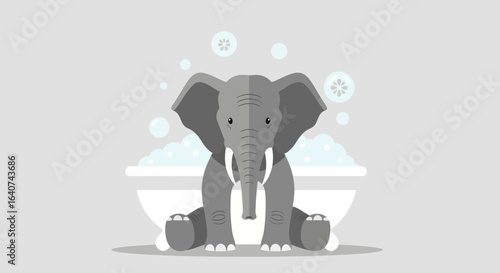 Cute elephant cartoon character taking a bath in a tub full of bubbles illustration
