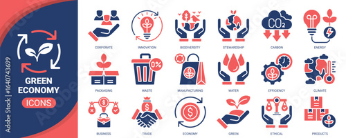 Green economy icon set. Containing icon of sustainable, green, energy, climate, innovation and more. Solid vector icons collection.