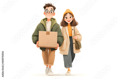 Cheerful Young Couple Carrying Package and Smiling Together