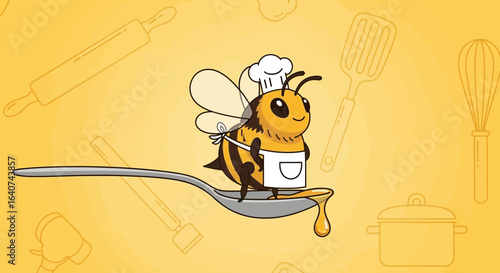 Cute honey bee chef illustration with kitchen tools and honey dripping vector design