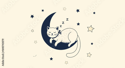Cute Illustration of a Cat Sleeping on the Moon surrounded by Stars and Sleep Z's, vector design