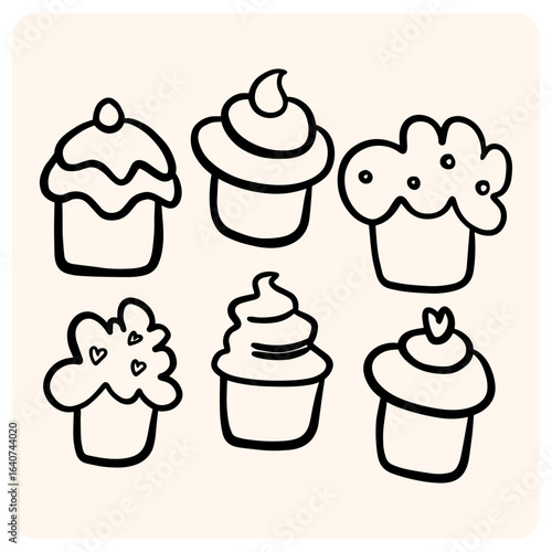 Cute hand-drawn cupcake doodles. Delicious set of cartoon-style muffins and sweet desserts with frosting.