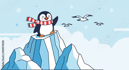 Cute Penguin Waving On Iceberg Wearing Scarf With Seagulls Winter Scene Illustration