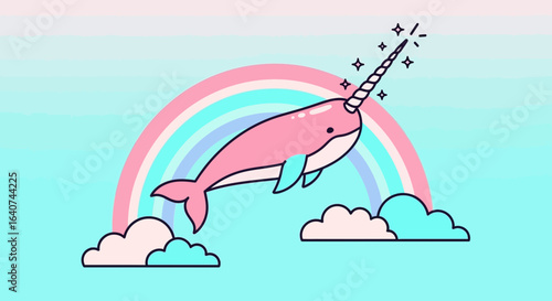 Cute pink narwhal with rainbow and clouds illustration for children books