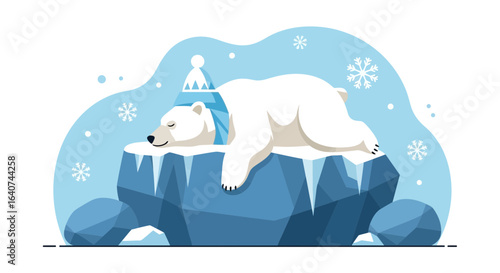 Cute Polar Bear Cartoon Illustration Sleeping on Ice Floe Winter Scene