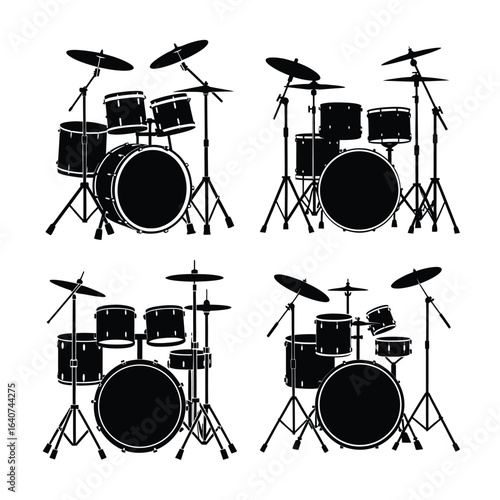 Four Drum Set Silhouettes for Music Percussion and Band Illustrations