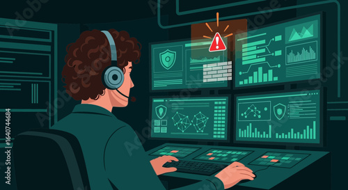 Cybersecurity Analyst Monitors Data Breach Threat Detection On Multiple Screens