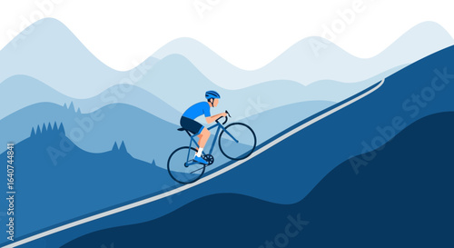 Cyclist conquering a mountain road with stylized mountain backdrop illustration