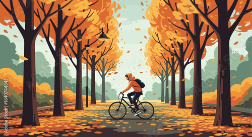 Cyclist Enjoying Autumn Ride Through A Park With Golden Foliage Avenue