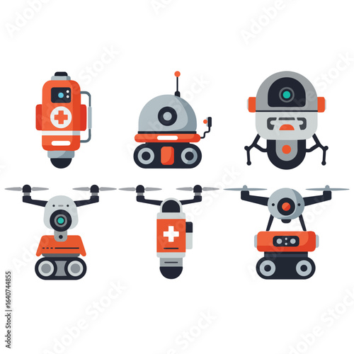Flat vector illustration of smart rescue robots