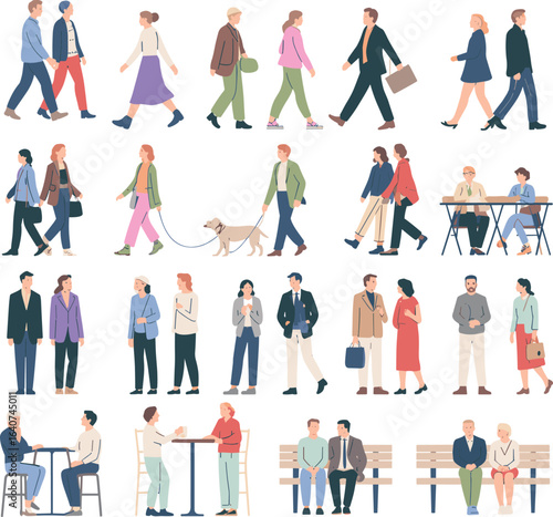People walking and talking illustration set, diverse human activities vector, street life characters, casual urban lifestyle clipart for design, presentation, infographic, and web use