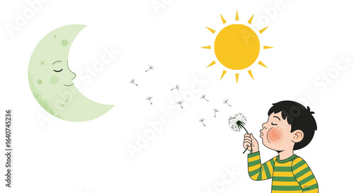 Daydreaming boy blowing dandelion seeds under the sun and moon illustration