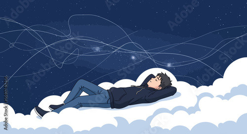 Daydreaming Boy Relaxing on Clouds Underneath Celestial Sky Full Of Stars