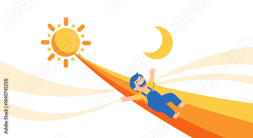 Daydreaming Boy Joyfully Slides from Sunlight to Moon Illustration